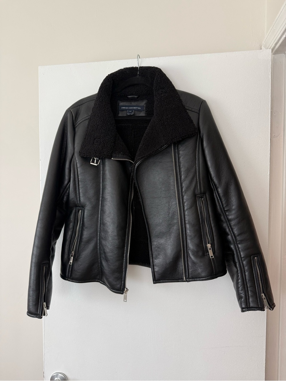 French Connection Black Faux Leather Sherpa-Trim Jacket